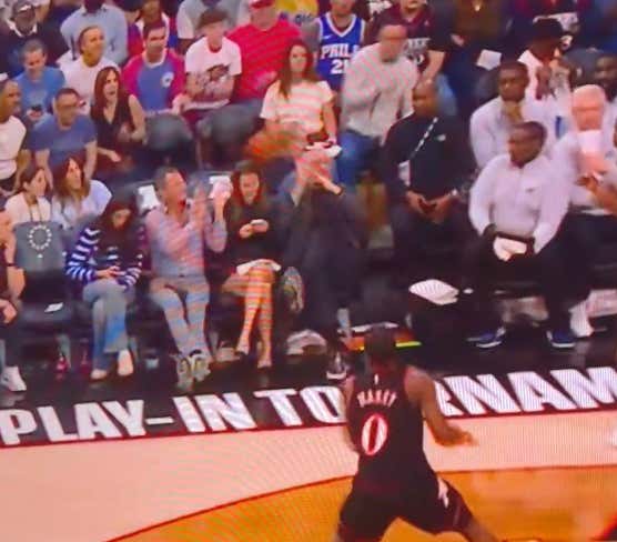 This Lady Sitting Court Side At The Sixers Play-In Game Tonight Is A Prime Example Of Why You Need To Get Off Your Phone While Sitting In The First Row