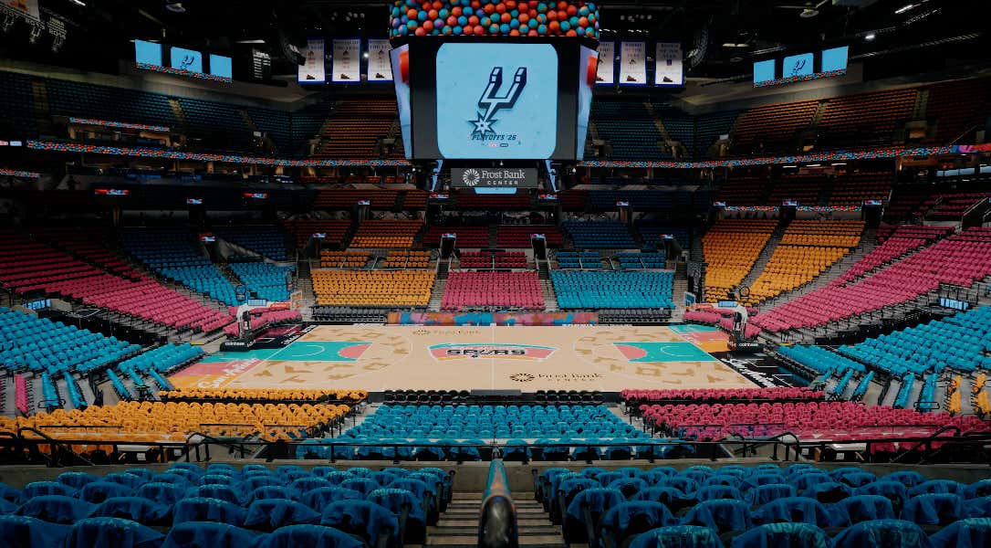 The Spurs Unleashing Their Beautiful Fiesta Court And Matching Color T-Shirt Giveaway For The Playoffs Is An Absolute Cheat Code