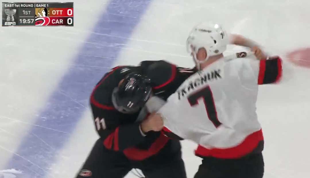 We Got Our First Fight Of The 2026 Stanley Cup Playoffs Just 3 Seconds Into The First Game With Brady Tkachuk And Jordan Staal Dropping The Mitts