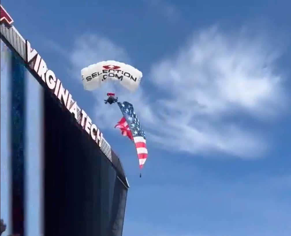Pregame Skydiver at Virginia Tech Spring Game Went Smashing Into The Lane Stadium Scoreboard This Weekend