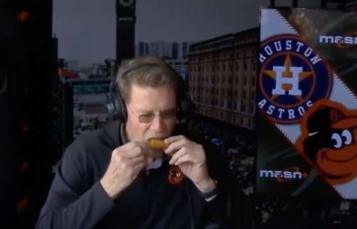 80 Year-Old Jim Palmer Kept His Promise And Ate His First Ever Chicken Wing Live In The Broadcast Booth Because Adley Rutschman Hit A Grand Slam