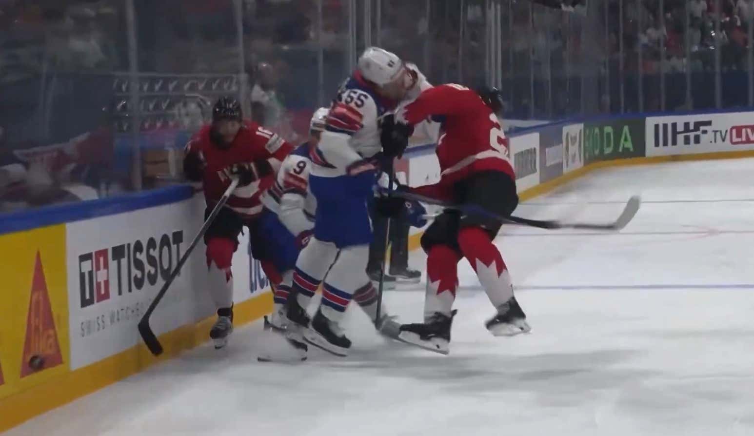 USA's Ryan Lindgren Nearly Decapitated Canada's Evan Bouchard at The Hockey World Championships