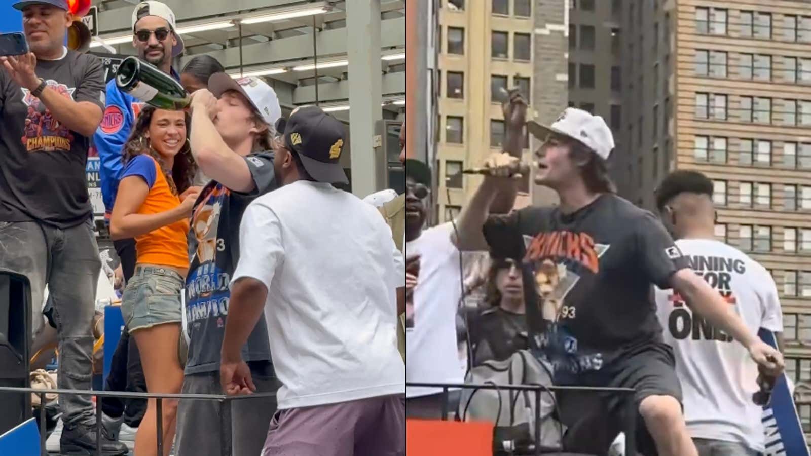 Tyler Kolek Became The Star Of The Knicks Parade When He Started Chugging From A Bottle And Rapping 'P.I.M.P.' On His Float
