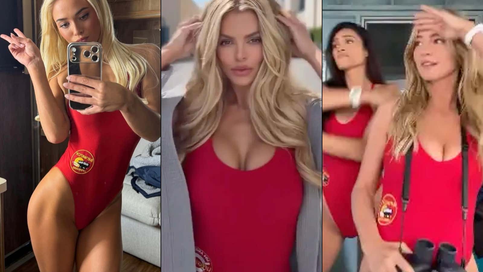 Livvy Dunne, Brooks Nader, Shay Mitchell, & Hassie Harrison Look GREAT Running In The Iconic Red Swimsuit For Their 1st 'Baywatch' Reboot Trailer