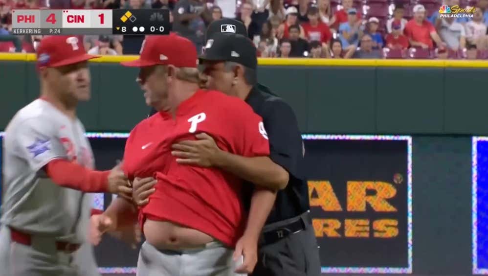 Phillies' Infield Coach Bobby Dickerson Should Be Able To Sue This Umpire For Pulling His Shirt Over His Belly Like This