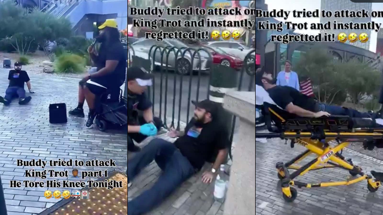 WATCH: Dude Tears His ACL Allegedly Trying to Attack Vegas Street Performer King Trot And Ends Up Having To Silently Sit There In Pain While The Paramedics Get Him On A Gurney & Mr. Trot Raps Bro Into A Body Bag With A Live Diss Track