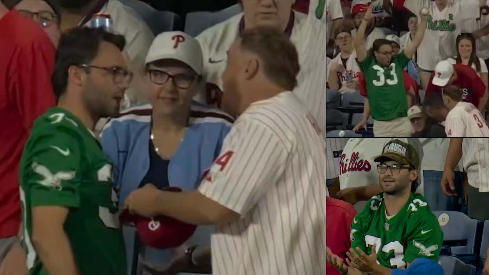 Who Gets To Walk Away With This Home Run Ball: The Fella Who Didn't Catch It With His Hat, Or Eagles Jersey With Zero Conviction. You Be The Judge