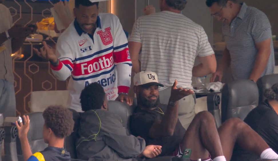 Shoutout To LeBron Who Is Already Doing Some Scouting For The Eagles By Taking In The Rams vs Giants Game