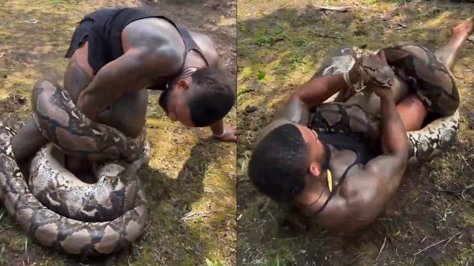 VIDEO: Man Wrestling Giant Python in Jungle Nearly Gets Squeezed to Death By Giant Python