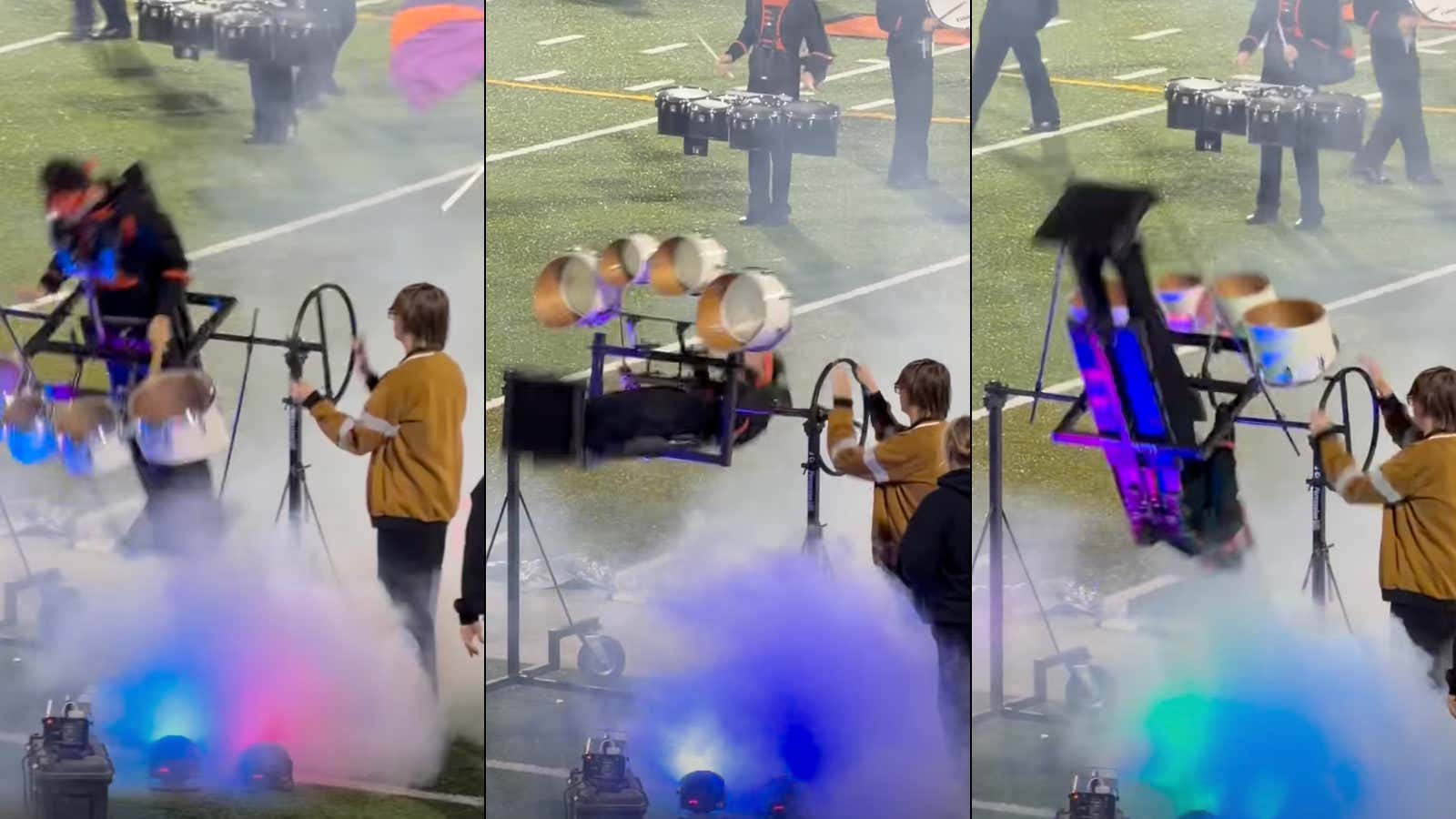 WATCH: This Marching Band Drummer Stuck Spinning In A Gyroscope Fucking ROCKS And Now I Need These Units At Every Concert Moving Forward