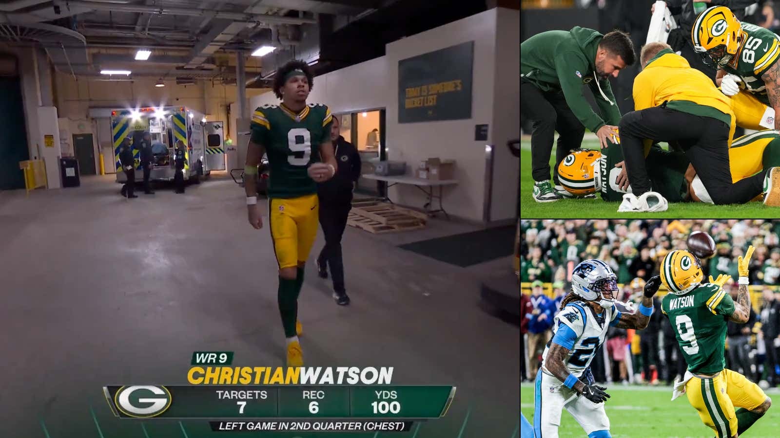 Straight Out Of The WWE: Christian Watson Left Lambeau In An Ambulance After Coughing Up Blood And Breaking a Rib, Then Returned In An Ambulance MID-GAME To Help Secure a Big Packers Win