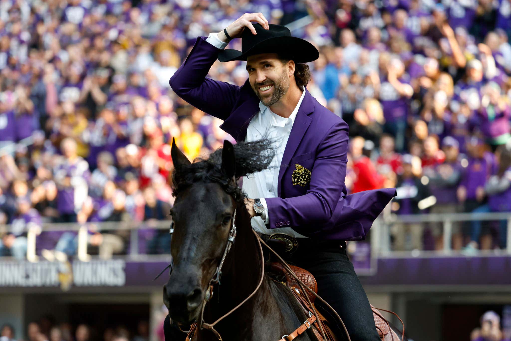 Jared Allen Riding A Horse Around The Stadium During His Induction Into The Vikings Ring Of Honor Is An All-Time Cool Move