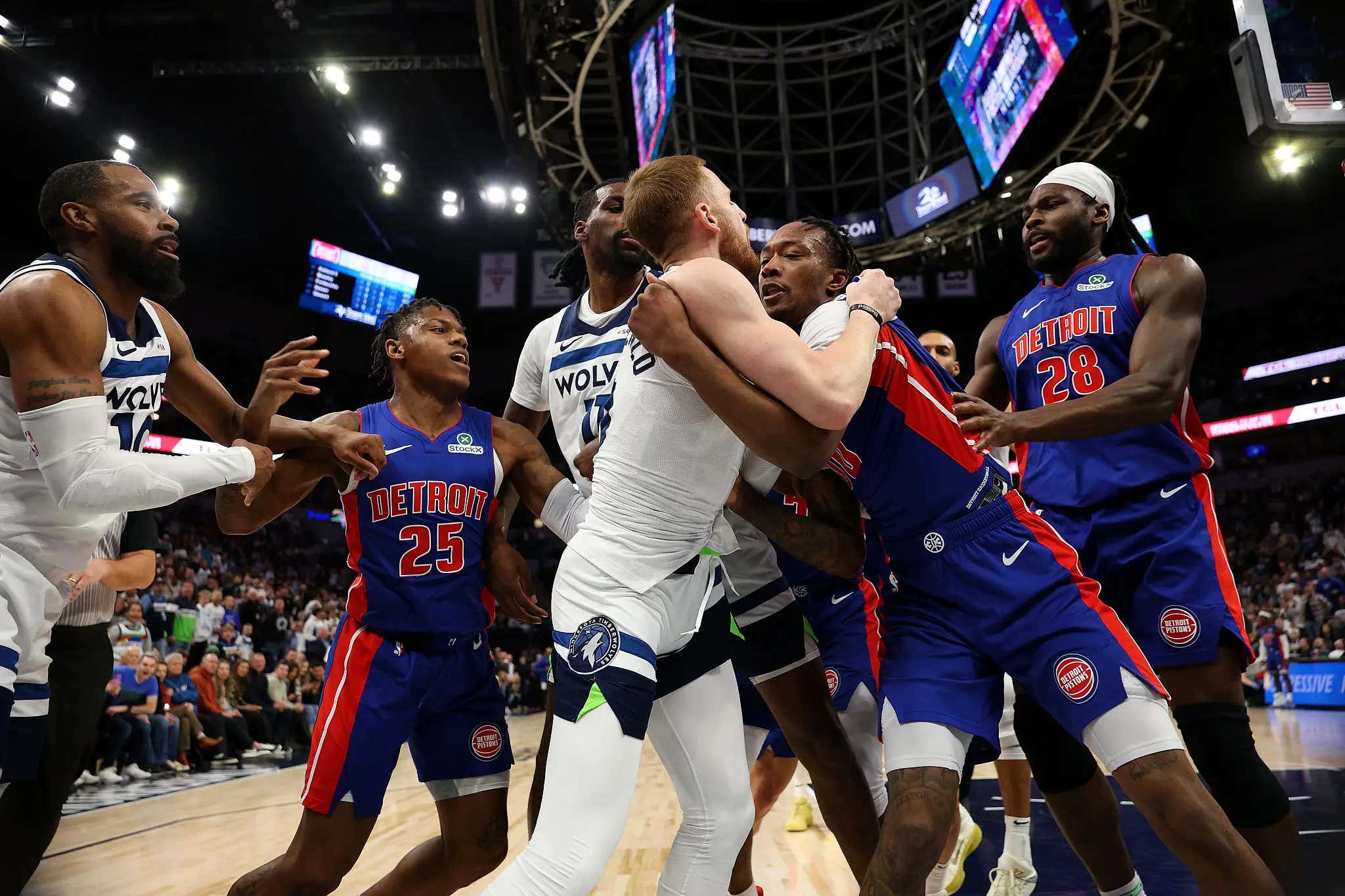 A Massive Fight Broke Out Between The Pistons And The Timberwolves That Ended With Five Total Players And Two Coaches Getting Ejected