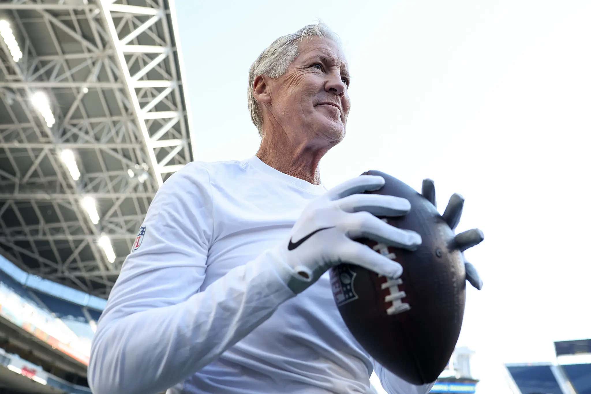 Gotta Set The Tone: 73-Year Old Pete Carroll Hopped On The Raiders Defense, Jumped Into The Pile To Practice Stopping The Tush Push