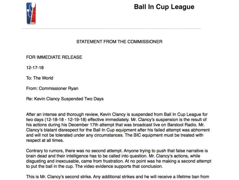 Statement From The BICL Commissioner Barstool Sports